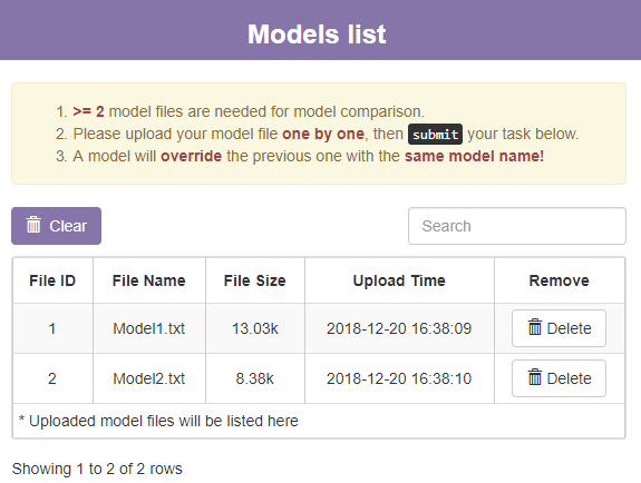 The model list section